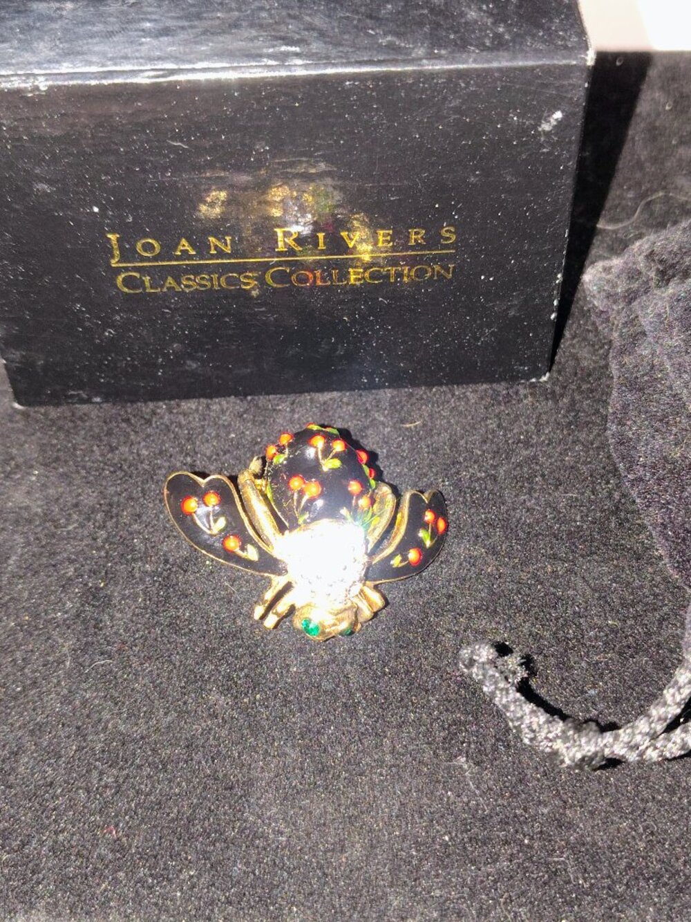 Joan Rivers “Cherry Bee” Brooch Original Box & Pouch Black Enamel, Red Cherries